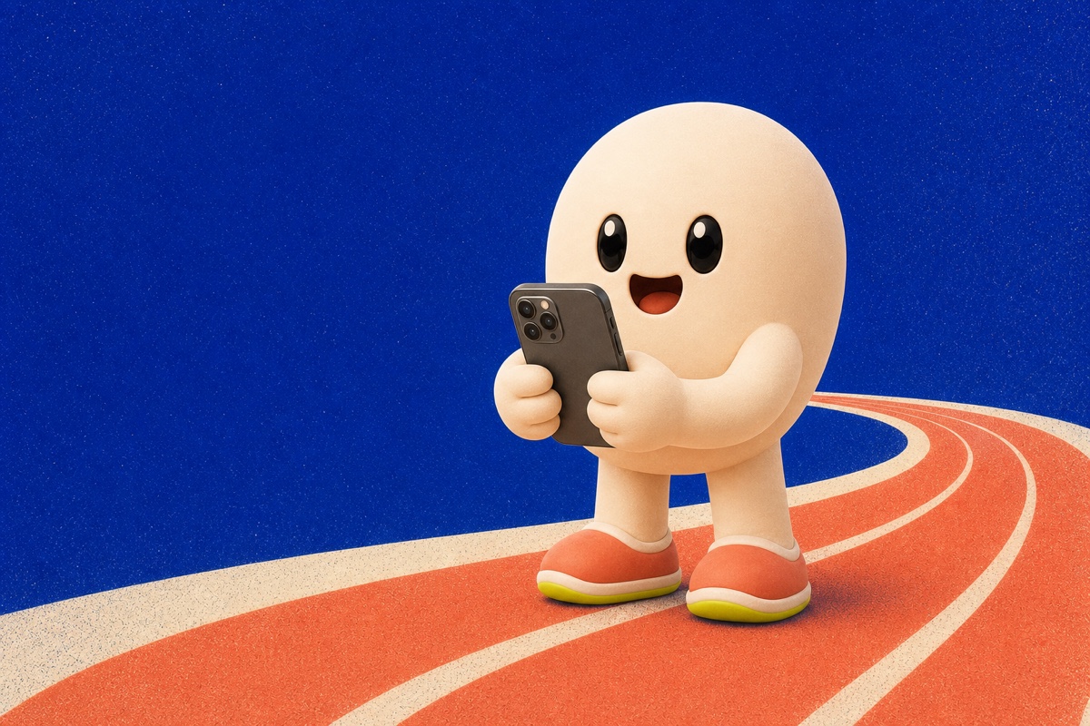 More Miles mascot holding an iPhone on a running track