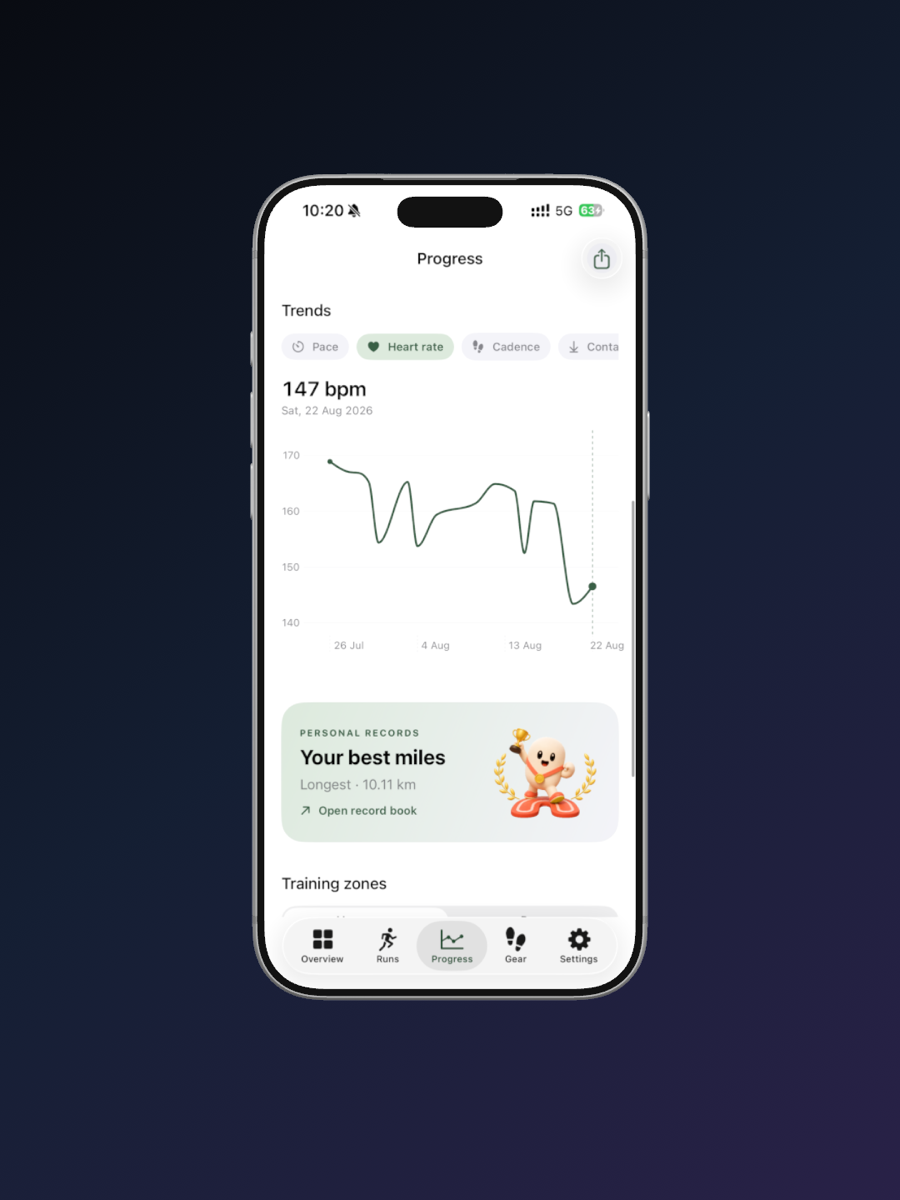 More Miles heart rate trend and personal records screen