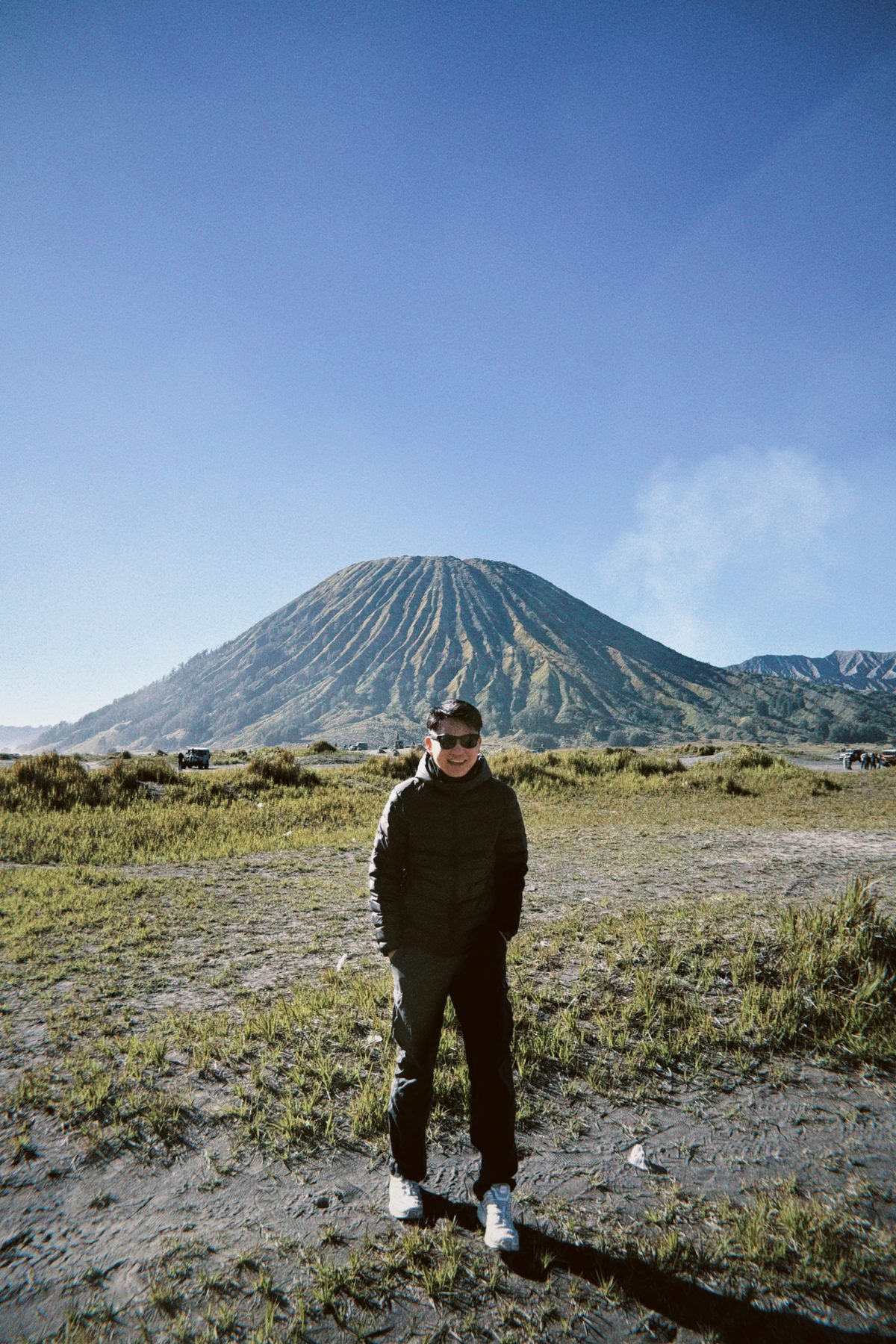 Aspen standing in front of Mount Bromo in East Java