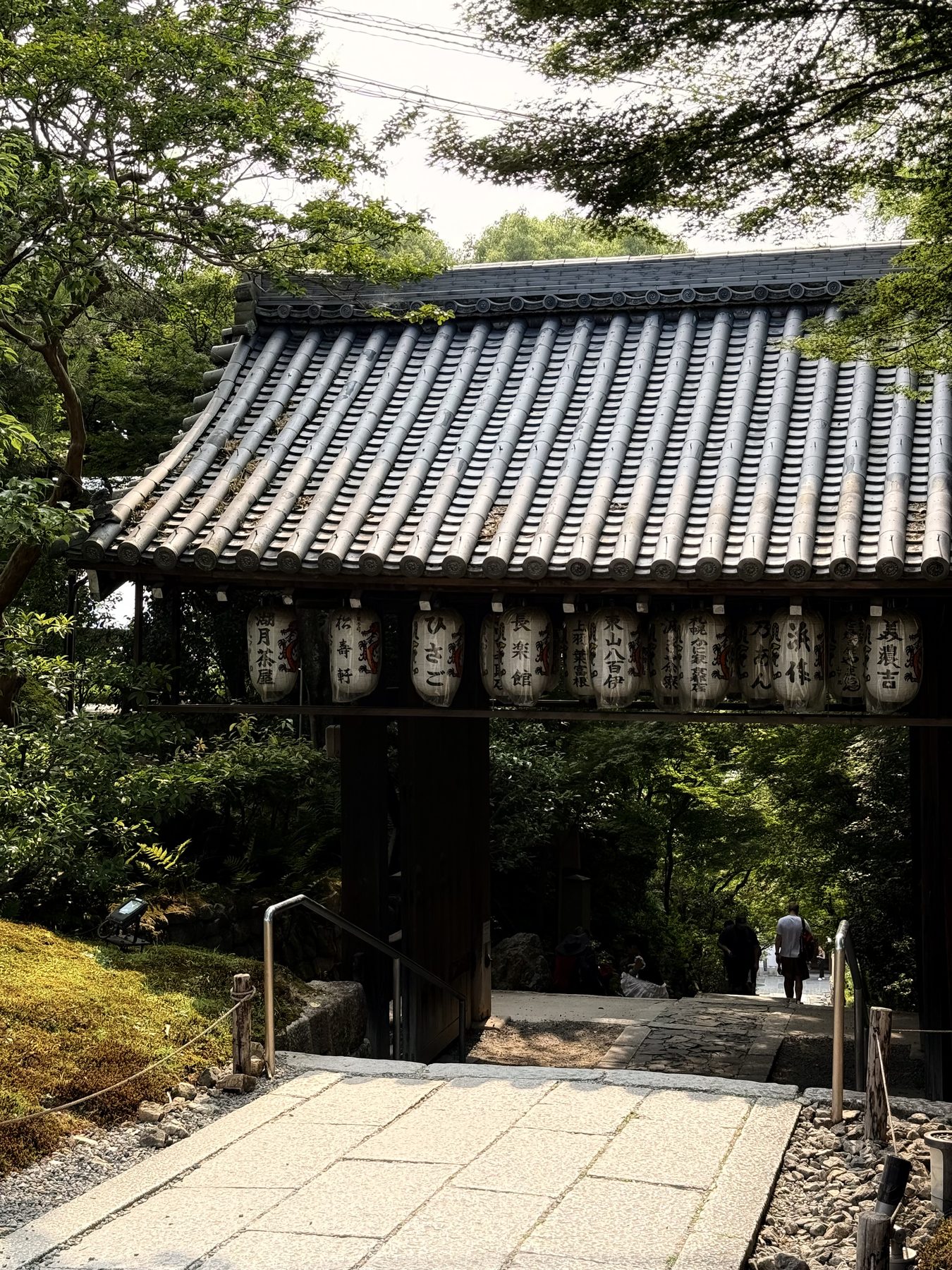 Temple tiles, lanterns and a downhill path in Kyoto