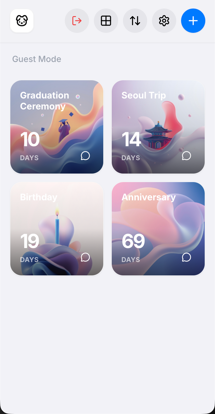 Countdown iOS app showing four event countdown cards