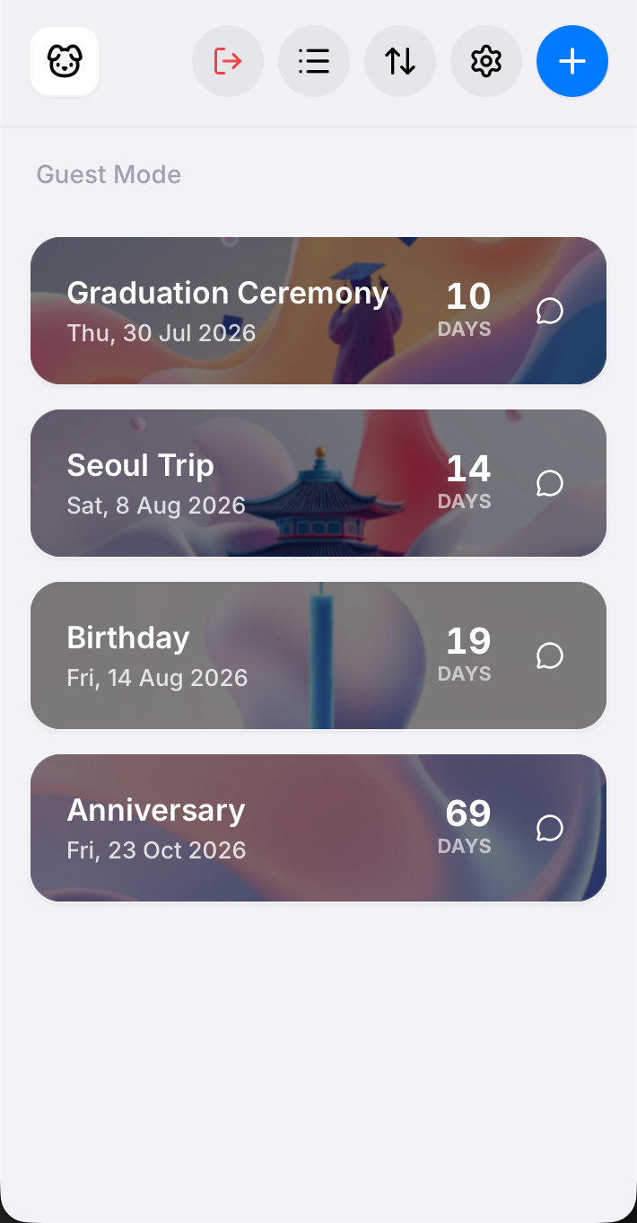 Countdown iOS app showing events in a list view
