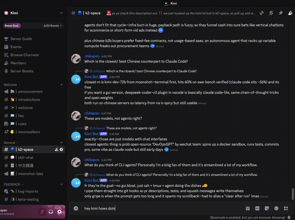 Screen recording of the Discord LLM bot answering users inside the Kimi community server