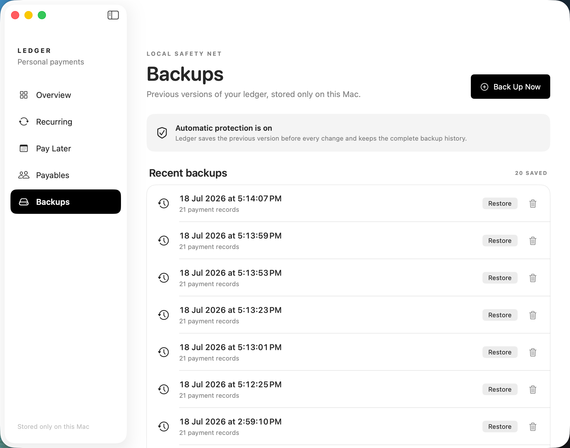 Ledger Mac app backup settings with local backup history