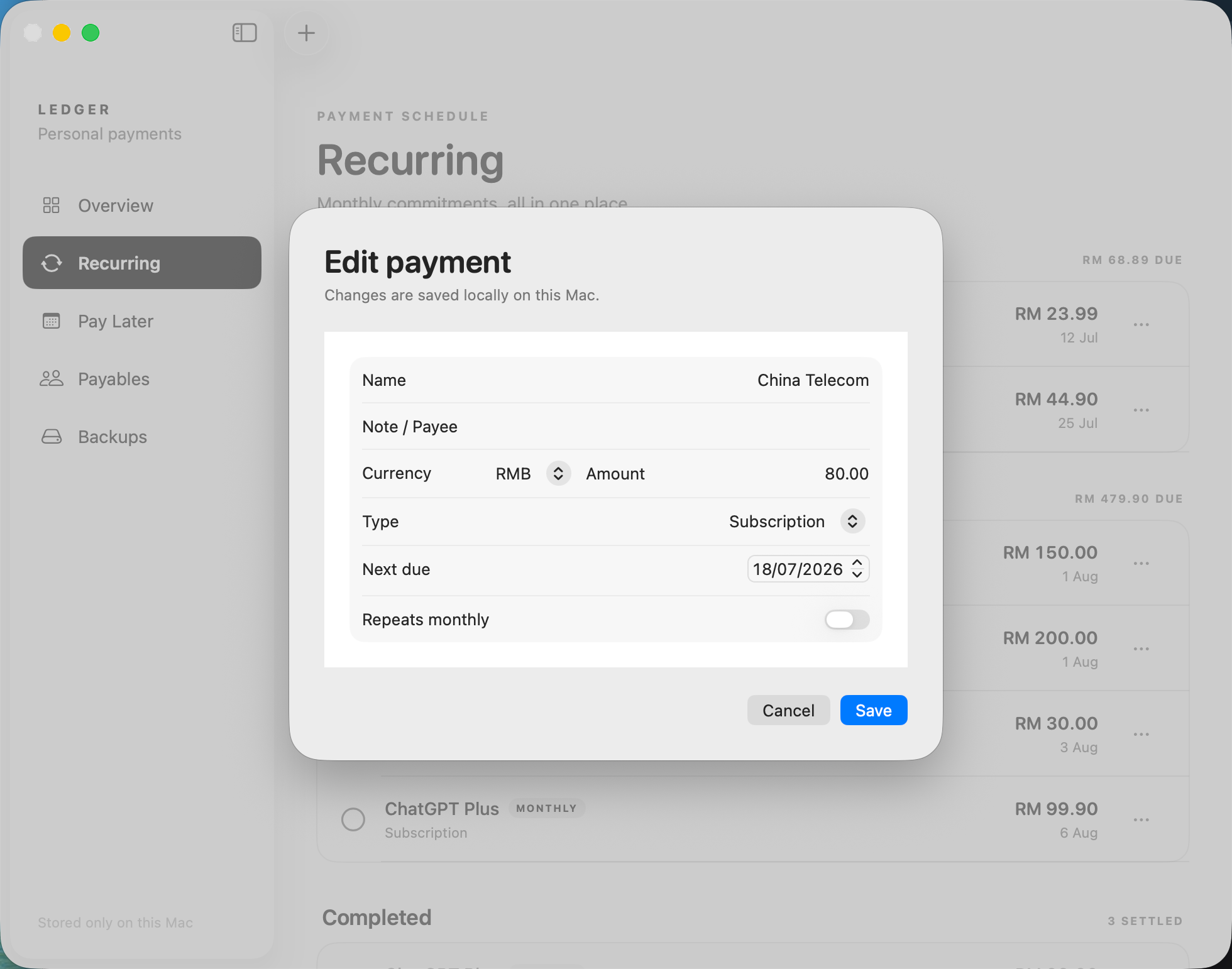 Ledger Mac app edit payment form
