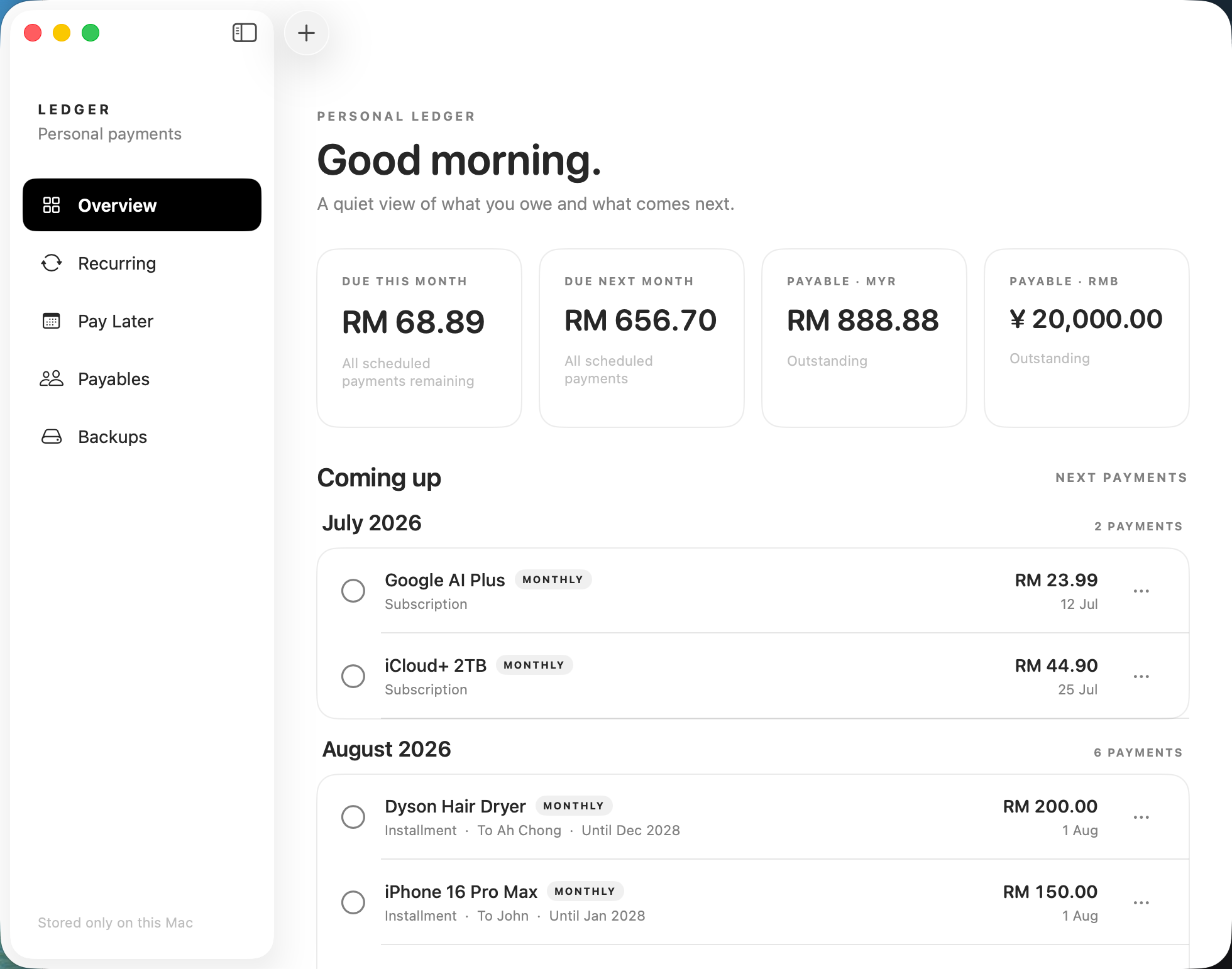 Ledger Mac app overview with monthly payment totals and upcoming payments